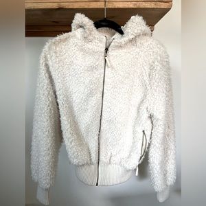 White Faux Fur Fuzzy Sip Up Hoodie